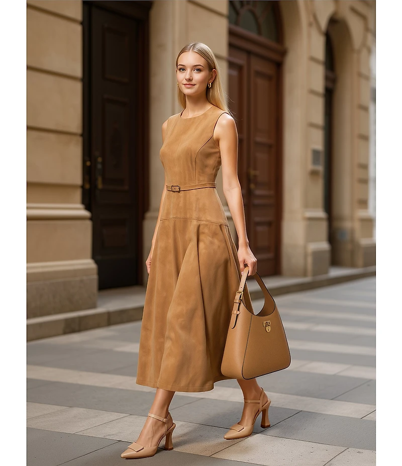 Alex Marie Leigh Faux Suede Crew Neckline Sleeveless Belted Maxi Dress