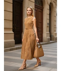 Alex Marie Leigh Faux Suede Crew Neckline Sleeveless Belted Maxi Dress
