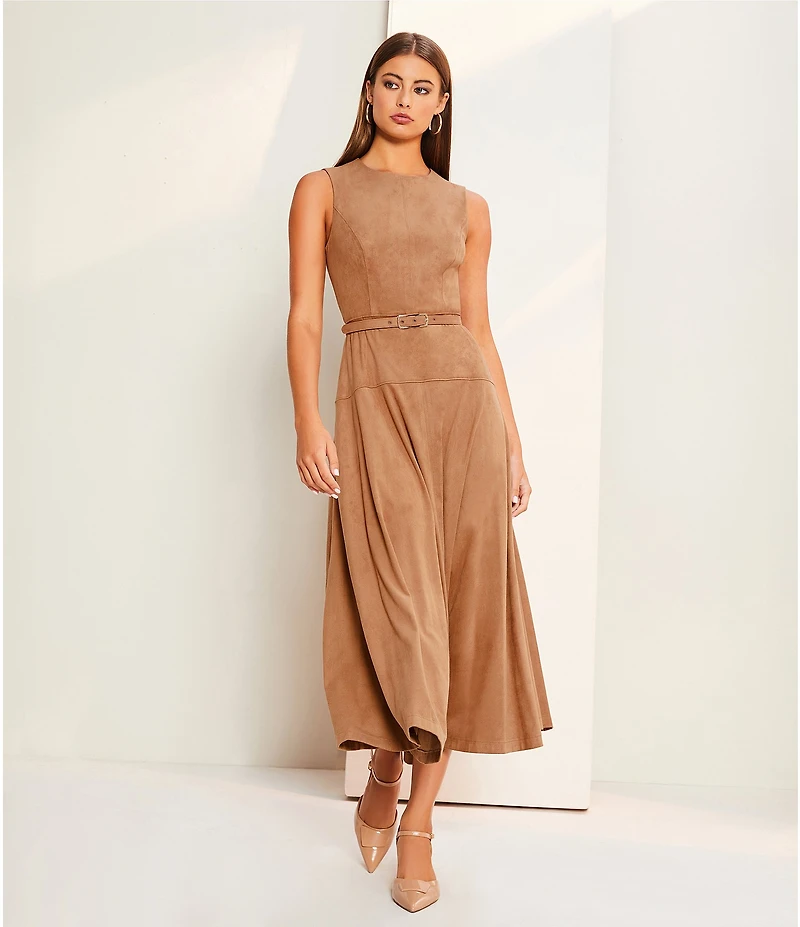 Alex Marie Leigh Faux Suede Crew Neckline Sleeveless Belted Maxi Dress