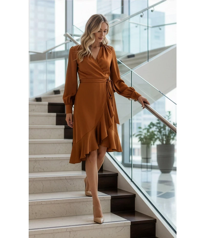 Alex Marie Lilac Hammered Satin V-Neck Long Sleeve Dress