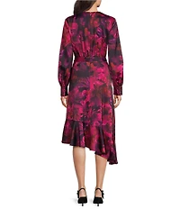 Alex Marie Lilac Satin V-Neck Long Sleeve A-Line Asymmetrical Hem Midi Dress