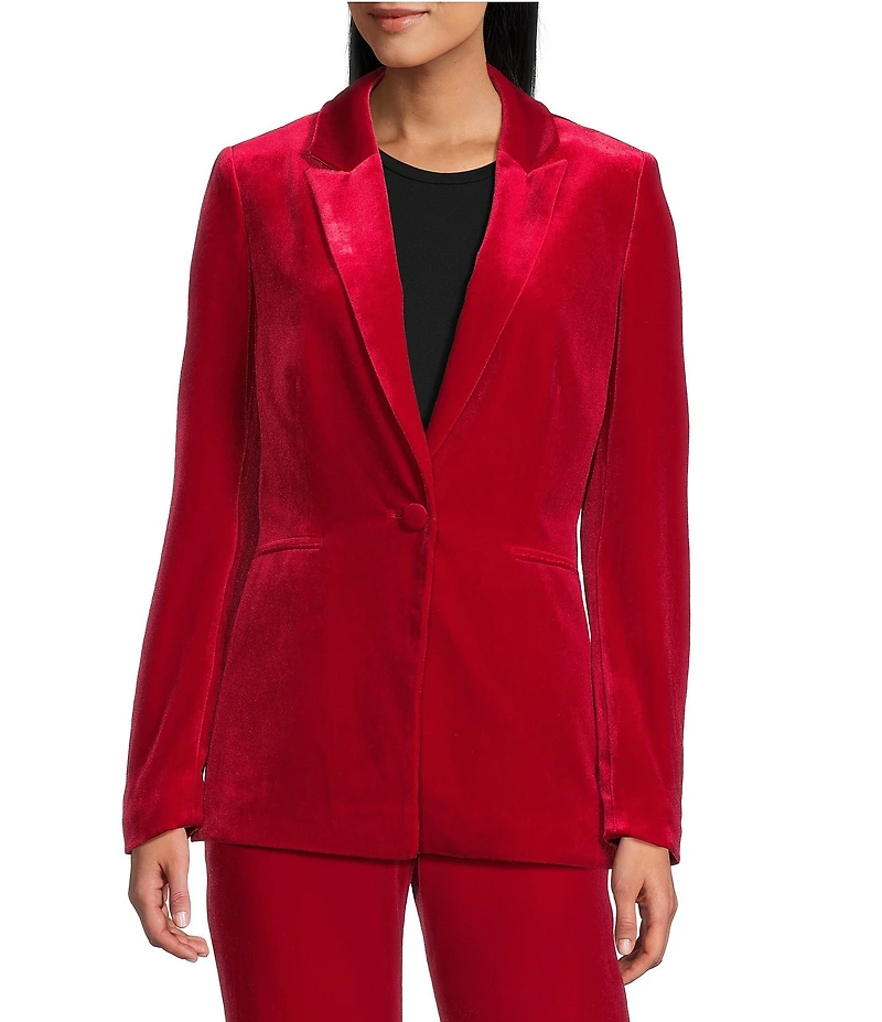 Alex Marie Liza Stretch Velvet Notch Lapel Long Sleeve Button Front Coordinating Blazer
