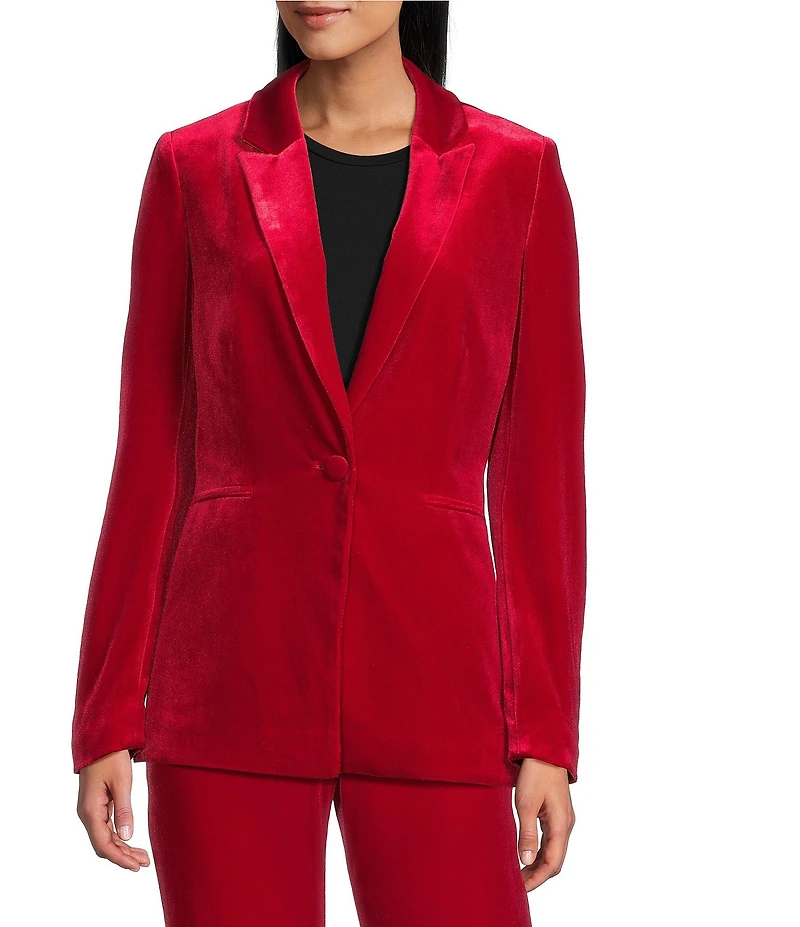 Alex Marie Liza Stretch Velvet Notch Lapel Long Sleeve Button Front Coordinating Blazer
