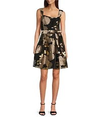 Alex Marie Louise Metallic Floral Jacquard Sweetheart Tank Strap A-Line At the Knee Dress