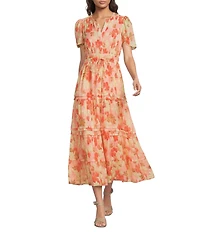 Alex Marie Maura Floral Collar Short Sleeve Printed Novelty Long Dress