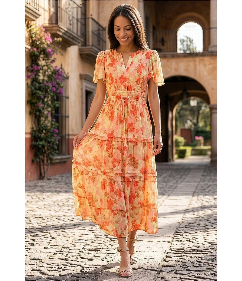 Alex Marie Maura Floral Collar Short Sleeve Printed Novelty Long Dress
