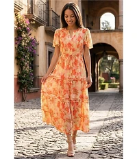 Alex Marie Maura Floral Collar Short Sleeve Printed Novelty Long Dress