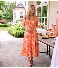 Alex Marie Maura Floral Collar Short Sleeve Printed Novelty Long Dress