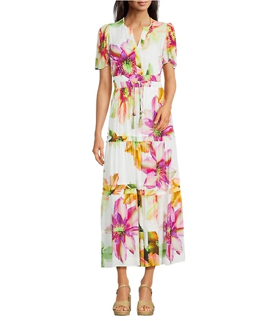 Alex Marie Maura Floral Short Sleeve A Line Notch Collar Maxi Dress