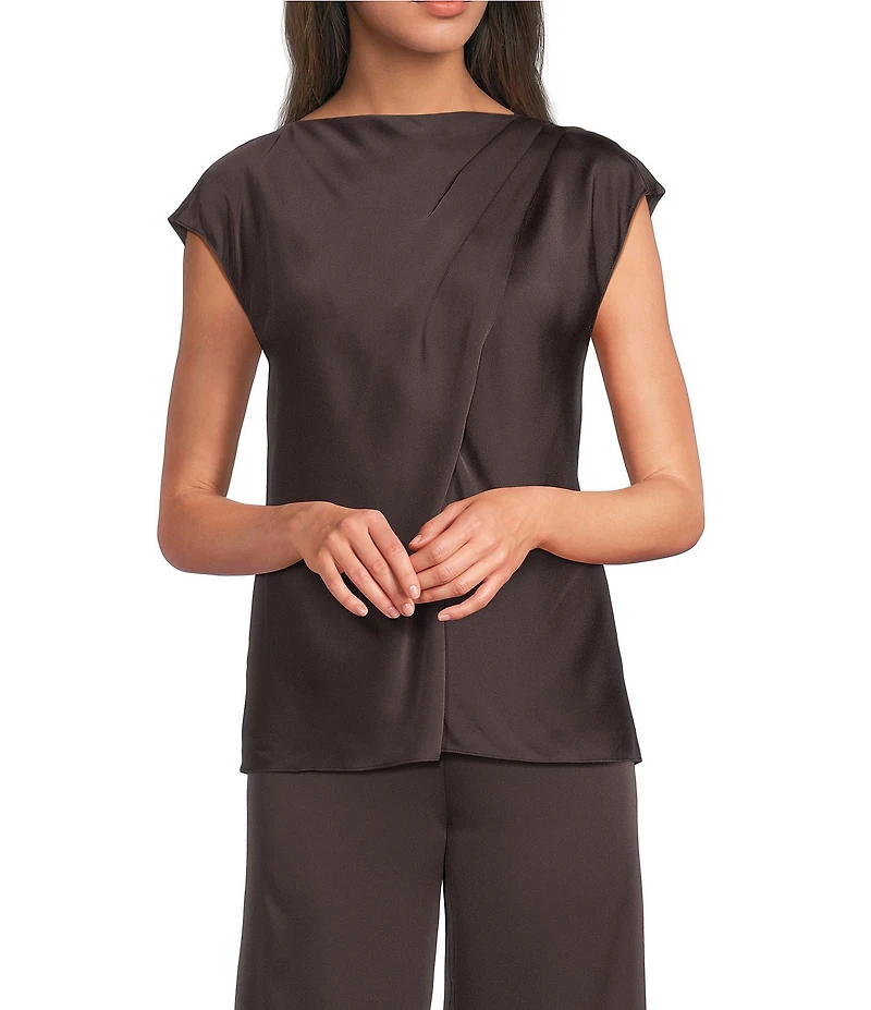 Alex Marie Miranda Satin Mock Neck Cap Sleeve Blouse