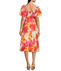 Alex Marie Monroe Abstract Floral Short Puff Sleeve Sweetheart Halter Tie Neck A-Line Midi Dress