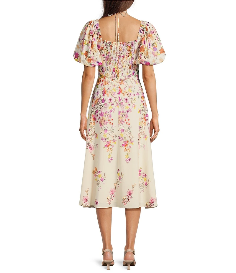 Alex Marie Monroe Floral Short Puff Sleeve Sweetheart Halter Tie Neck A-Line Midi Dress