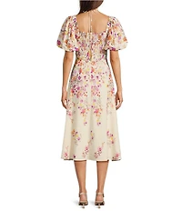 Alex Marie Monroe Floral Short Puff Sleeve Sweetheart Halter Tie Neck A-Line Midi Dress