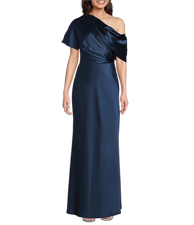 Alex Marie Nancy Satin One Shoulder Short Sleeve Maxi Gown