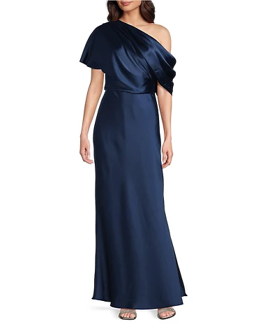 Alex Marie Nancy Stretch Satin One Shoulder Short Sleeve Gown