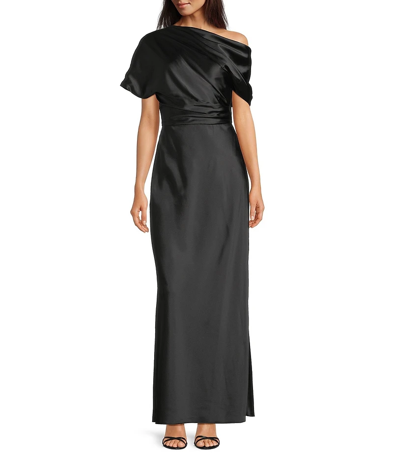 Alex Marie Nancy Stretch Satin One Shoulder Short Sleeve Gown