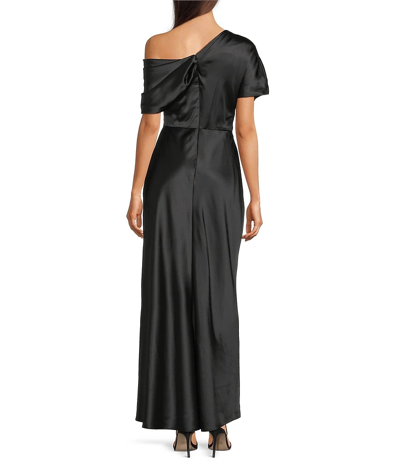 Alex Marie Nancy Stretch Satin One Shoulder Short Sleeve Gown