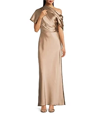 Alex Marie Nancy Stretch Satin One Shoulder Short Sleeve Gown