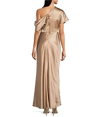 Alex Marie Nancy Stretch Satin One Shoulder Short Sleeve Gown