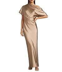 Alex Marie Nancy Stretch Satin One Shoulder Short Sleeve Gown