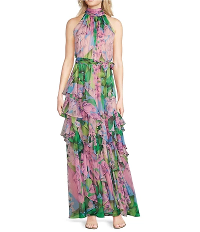 Alex Marie Nina Wisteria Chiffon Halter Neck Sleeveless Tiered A-Line Dress