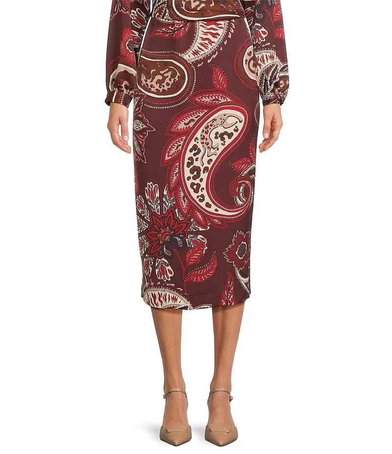Alex Marie Olivia Coordinating Printed Paisley Satin Midi Pencil Skirt