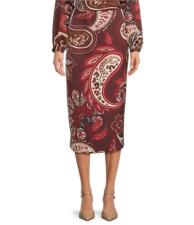 Alex Marie Olivia Coordinating Printed Paisley Satin Midi Pencil Skirt