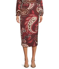 Alex Marie Olivia Coordinating Printed Paisley Satin Midi Pencil Skirt