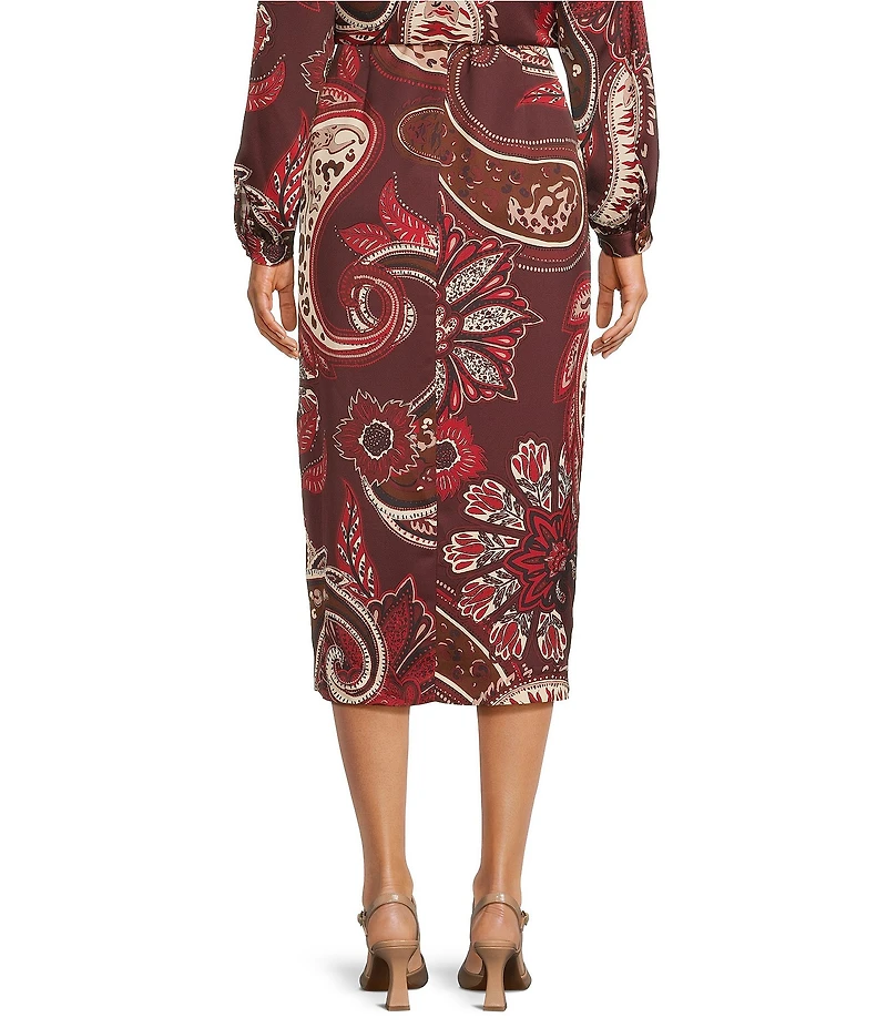 Alex Marie Olivia Coordinating Printed Paisley Satin Midi Pencil Skirt