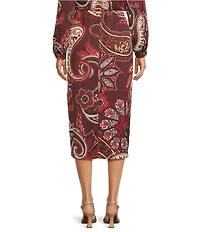 Alex Marie Olivia Coordinating Printed Paisley Satin Midi Pencil Skirt