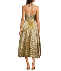 Alex Marie Olympia Woven Metallic Halter Sweetheart Neck Sleeveless Ruched Fit and Flare Flounce Midi Dress