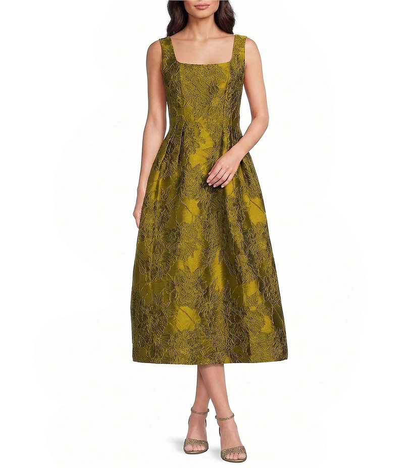 Alex Marie Petite Size Audrey Floral Jacquard Square Neck Sleeveless Midi Dress