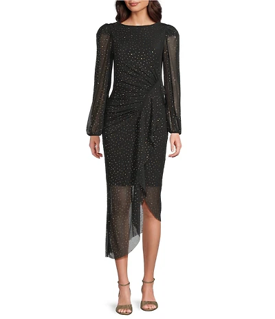 Alex Marie Petite Boatneck Beaded Mesh Long Sleeve Asymmetrical Dress