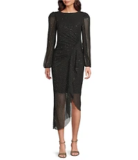 Alex Marie Petite Boatneck Beaded Mesh Long Sleeve Asymmetrical Dress