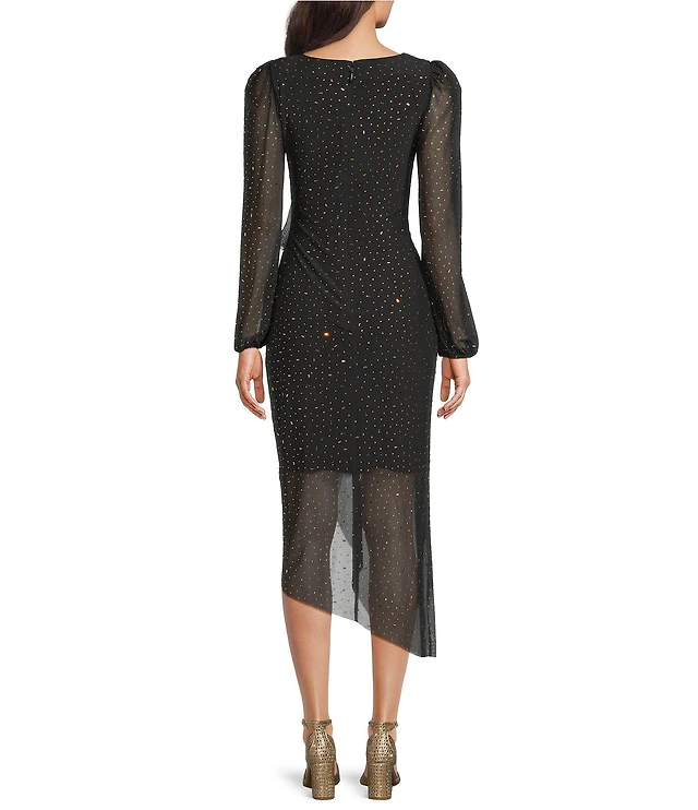 Alex Marie Petite Boatneck Beaded Mesh Long Sleeve Asymmetrical Dress |  Liberty Center