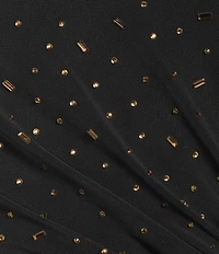 Alex Marie Petite Boatneck Beaded Mesh Long Sleeve Asymmetrical Dress