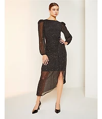 Alex Marie Petite Boatneck Beaded Mesh Long Sleeve Asymmetrical Dress