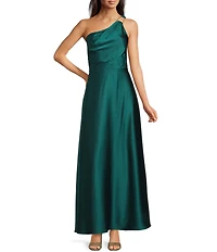Alex Marie Petite Camila Stretch Satin Asymmetrical One Shoulder Metal Loop Strap A-Line Maxi Dress