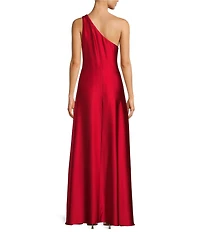 Alex Marie Petite Camila Stretch Satin Asymmetrical One Shoulder Metal Loop Strap A-Line Maxi Dress