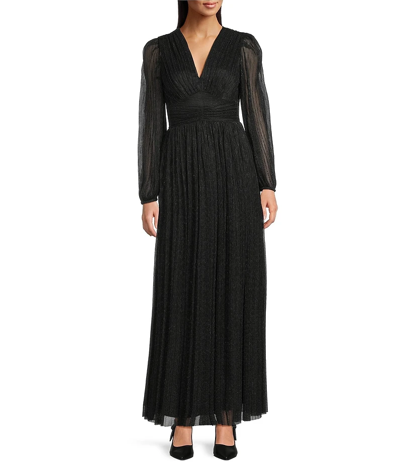 Alex Marie Petite Size Bella Crinkle Metallic V-Neck Blouson Long Sleeve A-Line Gown