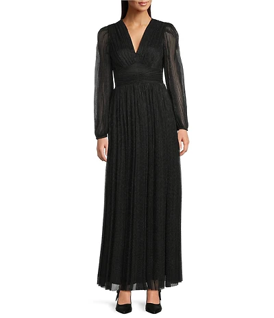 Alex Marie Petite Size Bella Crinkle Metallic V-Neck Blouson Long Sleeve A-Line Gown