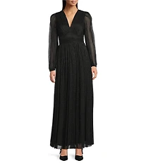 Alex Marie Petite Size Bella Crinkle Metallic V-Neck Blouson Long Sleeve A-Line Gown