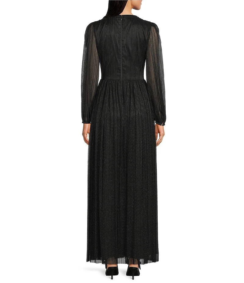 Alex Marie Petite Size Bella Crinkle Metallic V-Neck Blouson Long Sleeve A-Line Gown