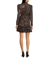 Alex Marie Petite Size Carley Leopard Velvet Burnout Long Sleeve Mini Dress