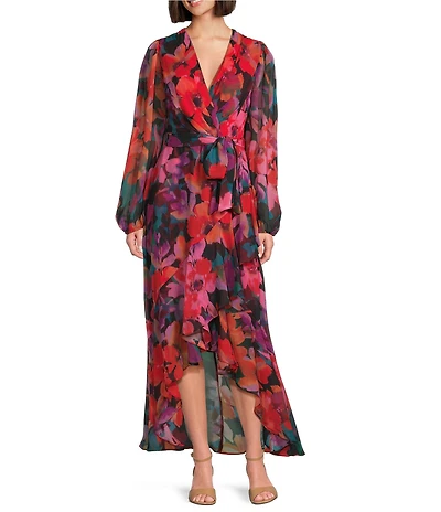 Alex Marie Petite Size Diana Chiffon Floral Print V-Neck Long Blouson Sleeve Tie Waist Hi-Low Flounce Wrap Maxi Dress