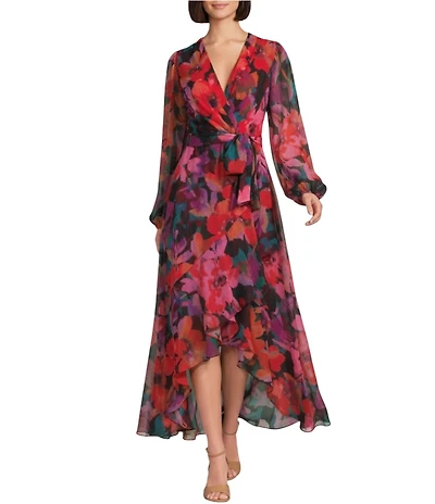 Alex Marie Petite Size Diana Chiffon Floral Print V-Neck Long Blouson Sleeve Tie Waist Hi-Low Flounce Wrap Maxi Dress