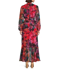 Alex Marie Petite Size Diana Chiffon Floral Print V-Neck Long Blouson Sleeve Tie Waist Hi-Low Flounce Wrap Maxi Dress