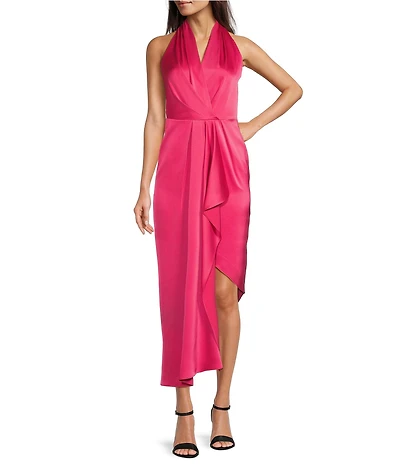 Alex Marie Petite Size Hazel Halter Neck Sleeveless Draped Asymmetrical Hem Satin Dress
