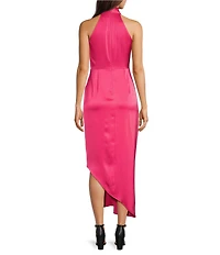 Alex Marie Petite Size Hazel Halter Neck Sleeveless Draped Asymmetrical Hem Satin Dress