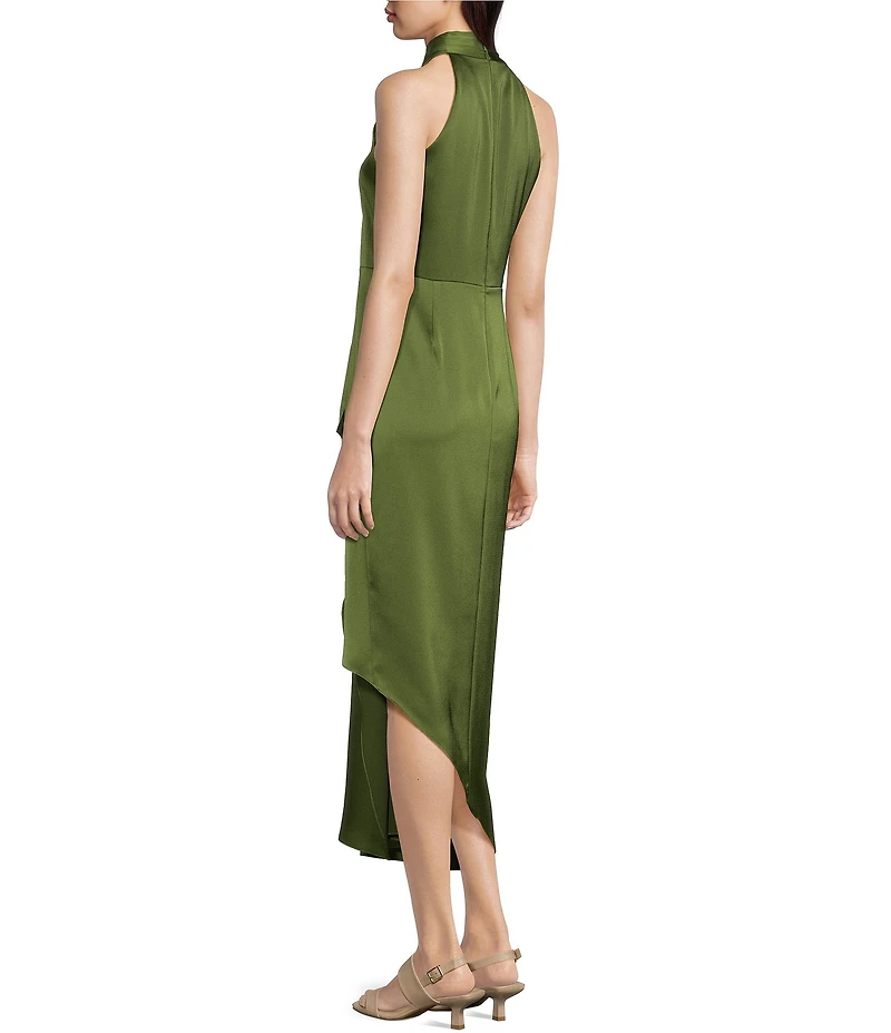 Alex Marie Petite Size Hazel Halter Neck Sleeveless Draped Asymmetrical Hem Satin Dress